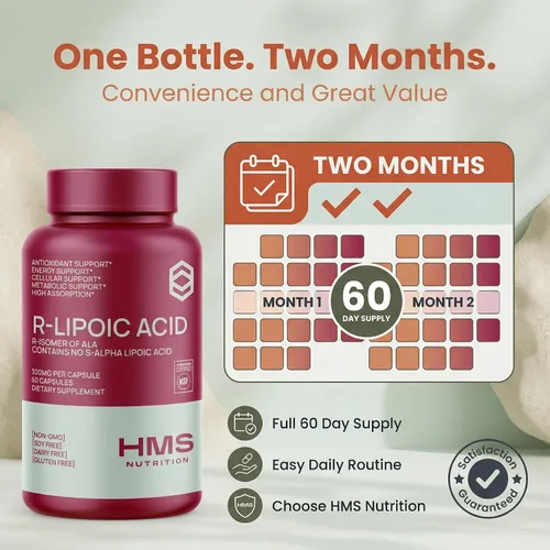 Vista 6 de HMS Nutrition Ácido R-lipoico estabilizado de 300 mg por porción, ácido R alfa lipoico puro (R-ALA) de alta potencia activo R isómero, antioxidante