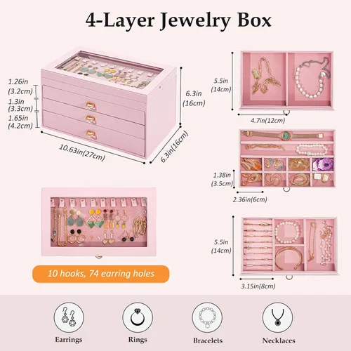 Vista 4 de ProCase Joyero para mujeres y niñas, caja organizadora de joyas grande de 4 capas con tapa de cristal, regalo de San Valentín, organizador de joyas