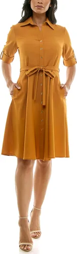 Vista 15 de Sharagano Vestido camisero plisado para mujer, manga 3/4, cuello en V, botones dorados Acacia