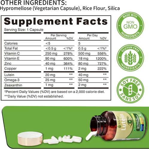 Vista 2 de Suplemento de vitaminas oculares de luteína para adultos, 90 cápsulas, apoya la salud ocular con zeaxantina, zinc, vitaminas C y E, fórmula vegana