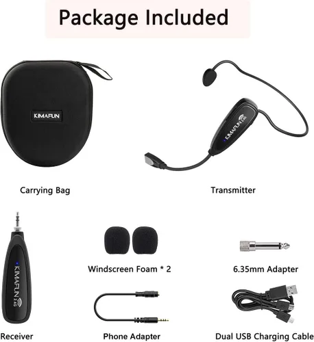 Vista 8 de KIMAFUN - Sistema de micrófono inalámbrico con auriculares, sin necesidad de Bluetooth, micrófono de cabeza impermeable para instructor de fitness
