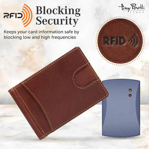 Vista 3 de Tony Perotti Cartera delgada de cuero italiano con clip para dinero para hombre, cartera RFID ultrafina con ranuras para tarjetas de crédito
