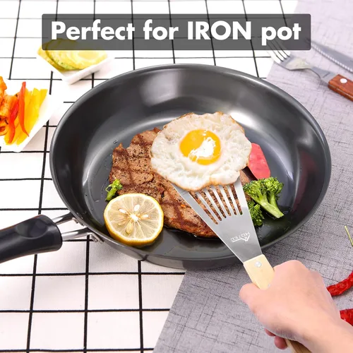 Vista 5 de HOTEC 2 piezas Espátula de pescado de acero inoxidable con mango de madera, espátula de metal para voltear alimentos
