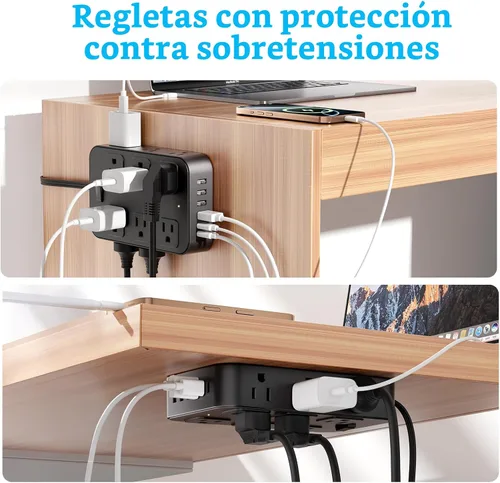 Vista 9 de Tira de alimentación con enchufe plano, protector de sobretensiones, cable de extensión de 5 pies con 12 tomas de corriente alterna, 6 puertos USB