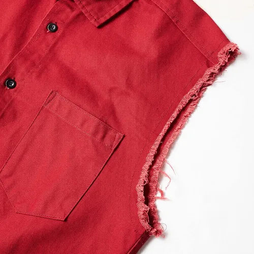 Vista 5 de MCULIVOD Camisa de algodón de mezclilla sin mangas para hombre, chaleco de motociclista con botones y bolsillo frontal