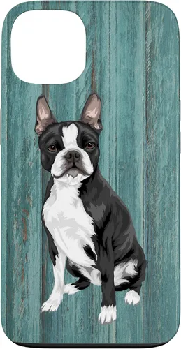 Vista 7 de Boston Terrier Faux Blue Wood Background Case for iPhone 17