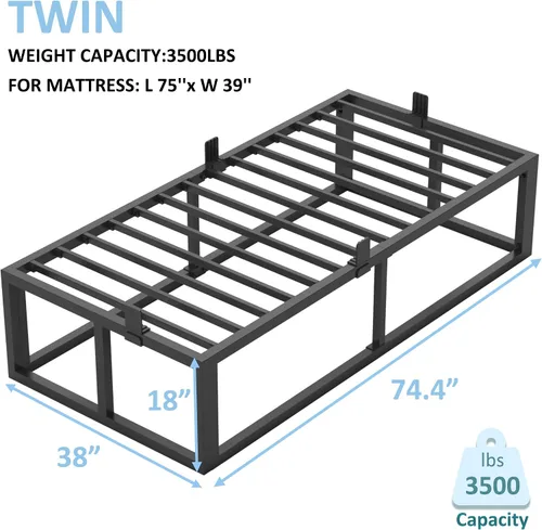 Vista 3 de Bilily Base de cama individual de 18 pulgadas con soporte de listones de acero, plataforma de metal resistente, base de colchón