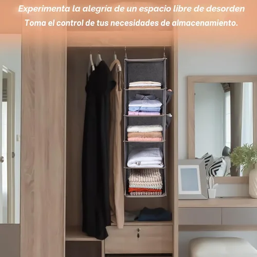 Vista 5 de BOOMIBOO Organizador de armario colgante y estantes, 5 estantes colgantes con 2 bolsillos laterales, almacenamiento plegable (beige)