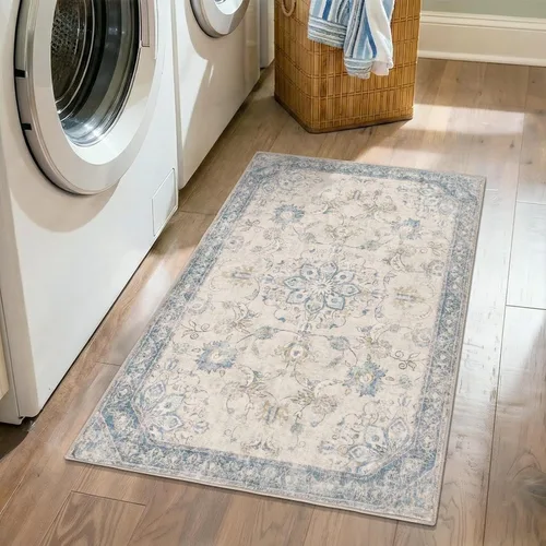 Vista 3 de jinchan Alfombra vintage de 2 x 3 pies para entrada, lavable, diseño floral romántico, tapete pequeño antideslizante, tapete ligero de bajo perfil