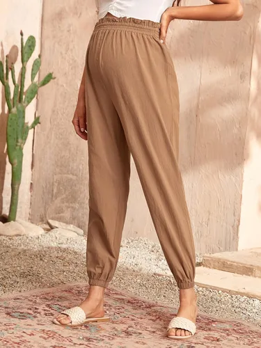 Vista 4 de OYOANGLE Pantalones de maternidad para mujer, de cintura alta, color liso, para trabajo, zanahoria, para embarazo, pantalones deportivos