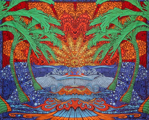 Vista 9 de Tapiz / mantel, alegría solar 3D, paraíso tropical, ola de surf, palmera. Clásico