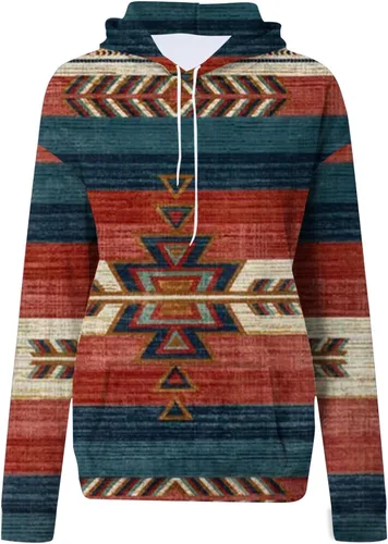 Vista 4 de Ceboyel Women Western Aztec Hoodies Drawstring Sweatshirt Pullover Ethnic Vintage Graphic Shirts Tops Causal Fall Clothes