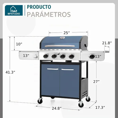 Vista 2 de MFSTUDIO - Parrilla de gas para barbacoa de acero inoxidable de 4 quemadores con quemador lateral, color azul