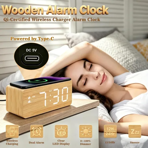 Vista 2 de URAYCO Reloj despertador digital de madera con cargador inalámbrico rápido de 10W, puertos de carga USB, DST, atenuable, modo repetición, pantalla
