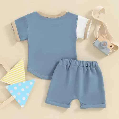 Vista 4 de Xdftwdmgqe Toddler Boy Girl Clothes Color Block Short Sleeve T-Shirt Top Joggers Casual Solid Color Shorts Summer 2Pcs Outfit
