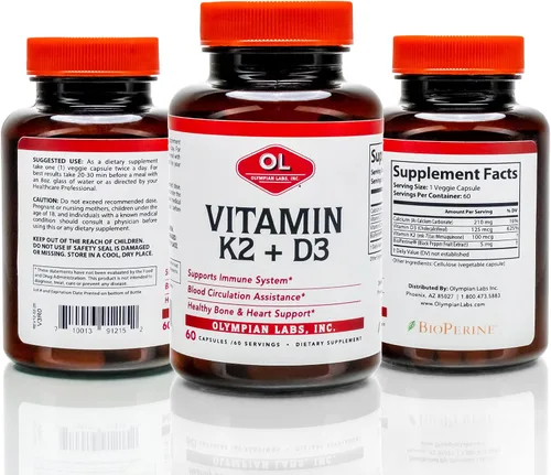 Vista 2 de Olympian Labs Vitamina K2 + D3, 60 porciones, apoya el sistema inmunológico, apoyo óseo y cardíaco, 60 cápsulas veganas
