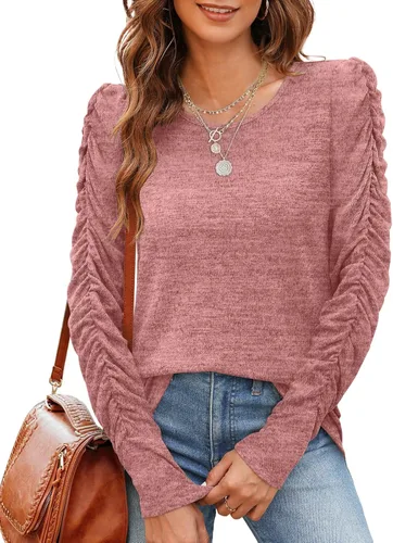 Vista 3 de OFEEFAN Camisetas de manga larga para mujer, túnicas ligeras, manga abombada, cuello redondo, ropa de otoño de moda 2023