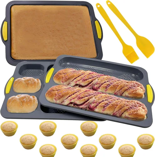 Vista 10 de Molde de pan de silicona de 4 cavidades, sartén antiadherente para pan de masa madre y sartén para pan baguette resistente al calor, moldes para pan
