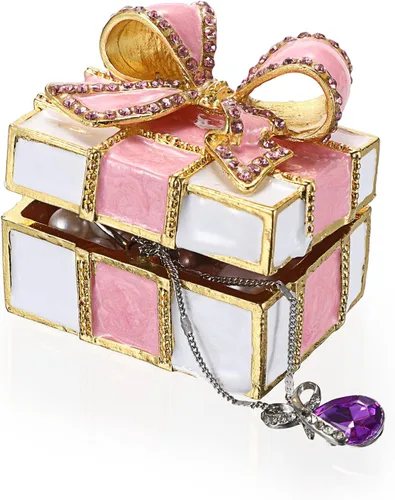 Vista 8 de Hipiwe Mini joyero de metal con nudo de lazo rosa con bisagras, caja decorativa de esmalte brillante, caja de tesoros, figura, aretes, soporte