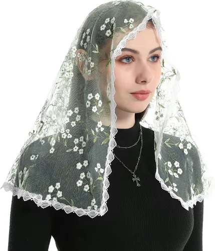 Vista 3 de Mantveil Velo católico de Mantilla de la Iglesia Capilla con forma de triángulo, cubierta de cabeza de encaje, velo de oración de misa española
