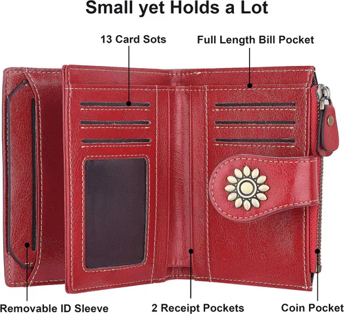 Vista 4 de Lavemi Cartera de cuero para mujer, pequeña, compacta, con bloqueo RFID, con bolsillo con cremallera