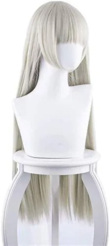 Vista 2 de Koswiggle Ririka Momobami peluca Kakegurui Cosplay pelo largo con flequillo gris