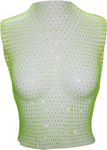 Vista 4 de Mxiqqpltky Camiseta sin mangas sexy para mujer, malla con diamantes de imitación, malla hueca, transparente, playa, festival, club, rave, ropa