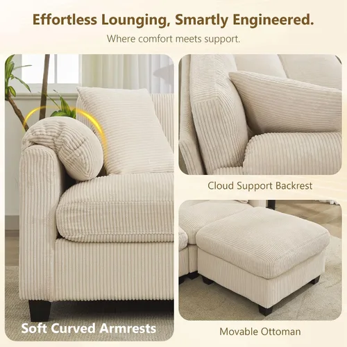 Vista 5 de Sofá modular modular con otomana, sofá de pana de 3 plazas con 2 almohadas, sofá de asiento profundo en forma de L de 88.2 pulgadas con cojín Beige