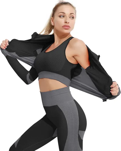 Vista 3 de Conjunto deportivo de 3 piezas para mujer, sin costuras, de manga corta, brasier deportivo, cintura alta, pantalones cortos de yoga, Negro 01