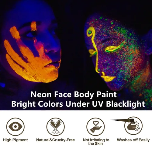 Vista 6 de Go Ho Pintura corporal azul neón lavable (2.37 onzas, 2.4 fl oz), pintura facial neón con luz negra UV, pintura facial azul fluorescente a base