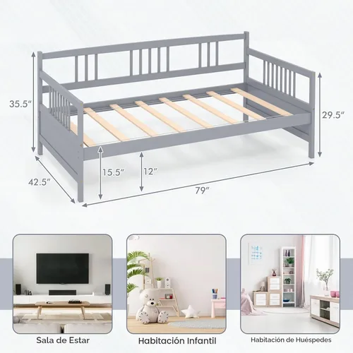 Vista 2 de KOMFOTT Marco de sofá cama de madera tamaño individual, marco de cama de sofá con soporte de listones de madera, no necesita somier, marco de sofá