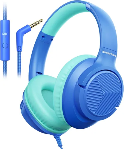Vista 12 de Botesty Sound Auriculares con cable con micrófono, plegables sobre la oreja de 0.138 in con cable con cable de nailon sin enredos de 4.9 pies