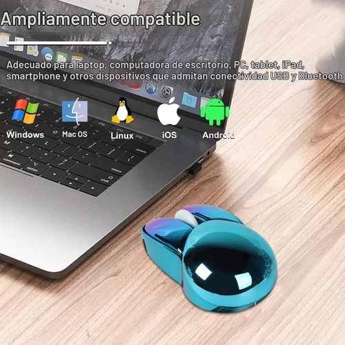 Vista 7 de Ratón inalámbrico Bluetooth lindo conejito de doble modo ratón portátil pequeño 2.4G ratón óptico con receptor USB silencioso azul Kawaii conejo