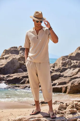 Vista 2 de COOFANDY Conjunto de 2 piezas de lino para hombre, camisa Henley de manga corta y pantalones capri harén, pierna ancha, holgados, pantalones de yoga