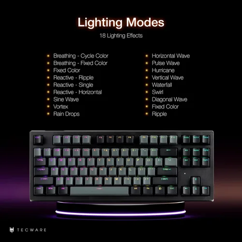 Vista 6 de TECWARE Phantom+ Elite - Teclado mecánico para juegos RGB de 87 teclas 3 modos inalámbrico Bluetooth 5.0 2.4 GHz y USB C con cable 5 pines
