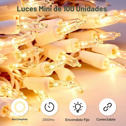 Vista 2 de Dirnun Luces de Navidad de color blanco transparente, 100 unidades, luz incandescente, certificación UL, luces conectables para árbol de Navidad