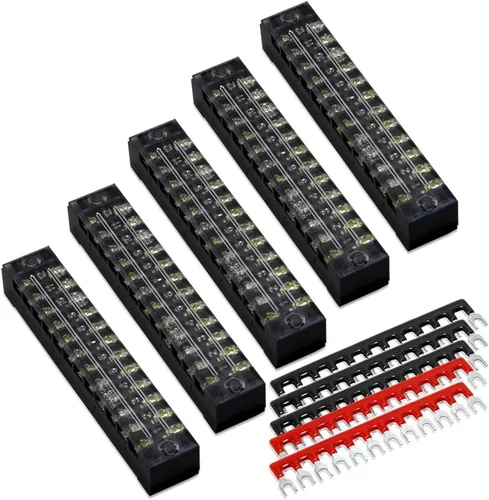 Vista 13 de 8 piezas (4 conjuntos) Bloques de tira de terminal de tornillo de doble hilera de 8 posiciones 600V 25A con cubierta + tira de barrera de terminales