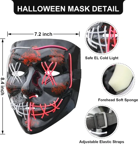 Vista 2 de Tmacoski Máscara de Halloween EL fría con luz que brilla y aterradora máscara de Purga de Halloween para mujeres, hombres y niños