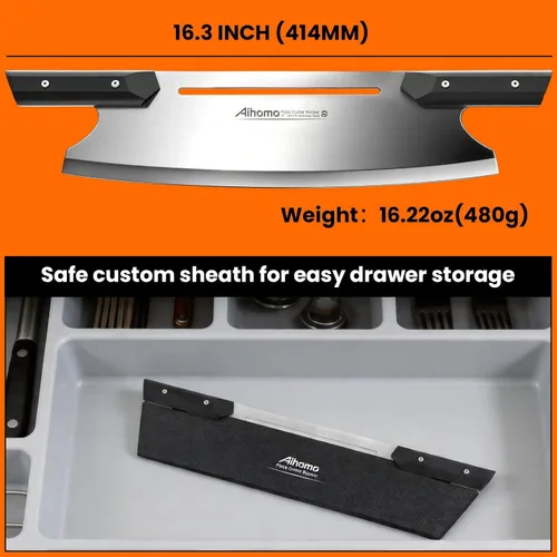 Vista 7 de Cuchilla de corte de pizza de 13 pulgadas, cuchillo de pizza japonés ultra afilado 420J1, cortador de pizza resistente con mango doble G10