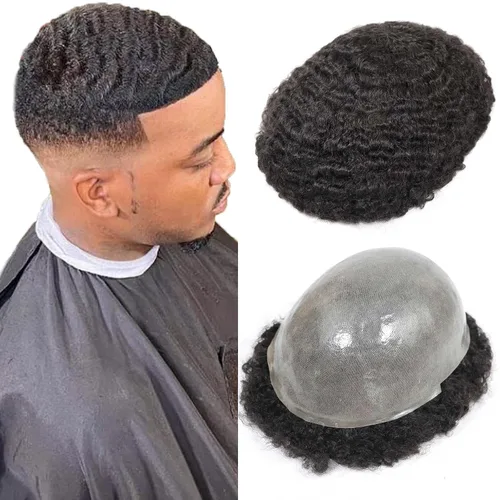 Vista 14 de HAPPY&CC Manejar cabello afro unidad negro hombres cabello humano toupee peluca francesa encaje pieza de pelo sistema de reemplazo para hombres #1