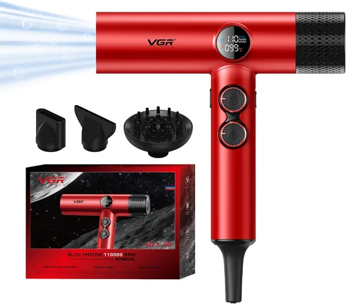 Vista 10 de VGR Secador de pelo iónico negativo 401, secador profesional de motor BLDC para secado rápido, pantalla LED, termo de bajo ruido y secador de pelo