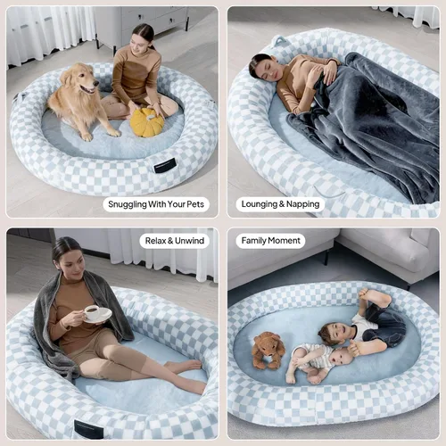 Vista 3 de Cama humana para perros de 74 x 50, tumbona impermeable de espuma viscoelástica, rejilla azul Cama de espuma viscoelástica de gran
