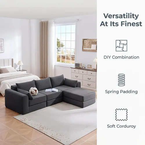 Vista 5 de Juego de sofás modulares deshuesados seccionales de 100 pulgadas para sala de estar, sofá modular tapizado en forma de L movible con 5 almohadas Gris