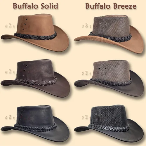 Vista 2 de Oztrala Sombrero de cuero de búfalo australiano Outback Western Cowboy Mesh para hombres y mujeres niños Jacaru negro, marrón tostado HLBS HLBB