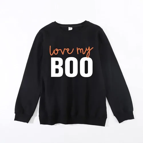 Vista 2 de Sudadera a juego de la familia Mommy and Me para mujeres y niños suéter de manga larga con diseño de calabaza y fantasma