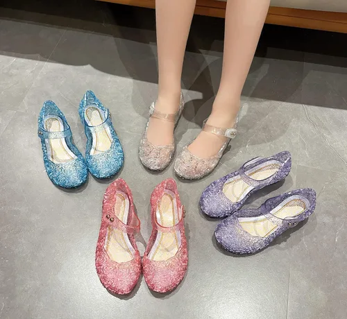 Vista 9 de Zapatos de gelatina para niñas, sandalias de cumpleaños de princesa Snow Queen para niñas pequeñas, sandalias azules con purpurina talla 9