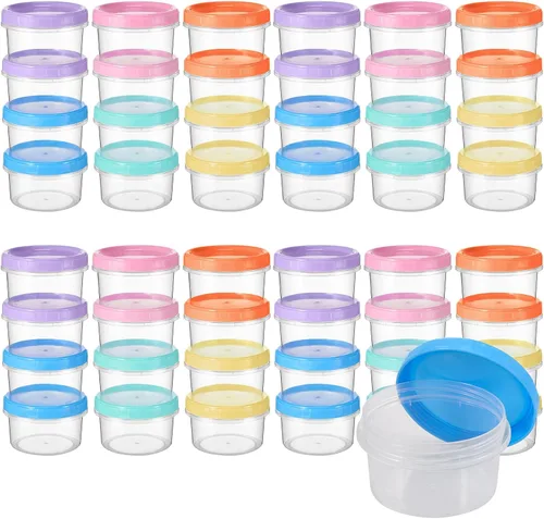Vista 8 de Ziliny Recipientes de plástico reutilizables de 7 onzas con tapas, tarros de almacenamiento de alimentos, contenedores apilables multicolores