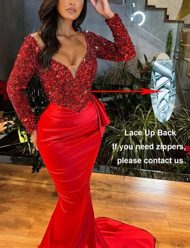 Vista 2 de Vestidos de fiesta de sirena de manga larga con lentejuelas para mujer, vestidos de noche formales de satén con cuello en V brillante 2024 con cola