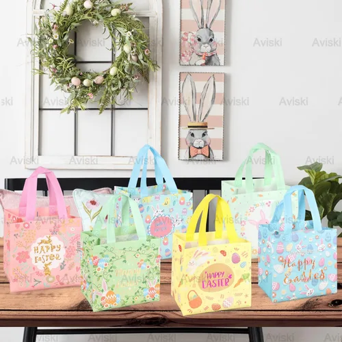 Vista 5 de Aviski 12 bolsas de caza de huevos de Pascua feliz, bolsa de regalo de huevo de zanahoria con asas, bolsas de regalo de Pascua, envoltura de regalos