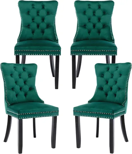 Vista 104 de Juego de 2 sillas de comedor de terciopelo, silla de comedor tapizada de alta gama con tirador de anillo en la espalda, adorno de clavos y patas